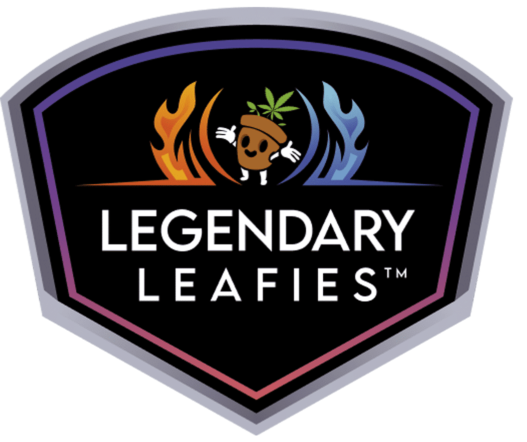 Legendary Leafies Official Logo with a black shield as the background with a cannibas plant growing out of a personified red clay pot that is smiling with white gloved hands open wide in a excited gesture.