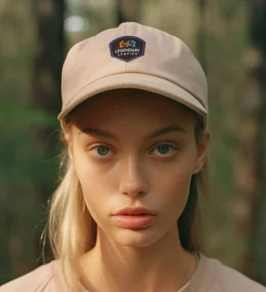 Image of pretty blond woman with shoulder length hair held back behind her ears with a tan Ball Cap displaying the Legendary Leafies badge style logo.