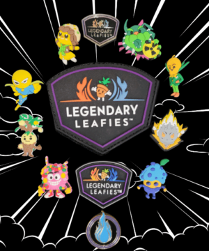 A collection of colorful, collectible charms resembling miniature figures, arranged around a central velcro patch featuring a logo. There are two metal pins, one depicting a flame, and the other a leaf. The charms showcase various unique, character-inspired designs, including figures with accessories and different poses. The velcro patch has a "Legendary Leafies" logo, surrounded by vibrant colors.