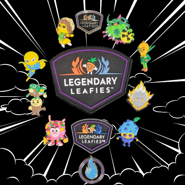 A collection of colorful, collectible charms resembling miniature figures, arranged around a central velcro patch featuring a logo. There are two metal pins, one depicting a flame, and the other a leaf. The charms showcase various unique, character-inspired designs, including figures with accessories and different poses. The velcro patch has a "Legendary Leafies" logo, surrounded by vibrant colors.